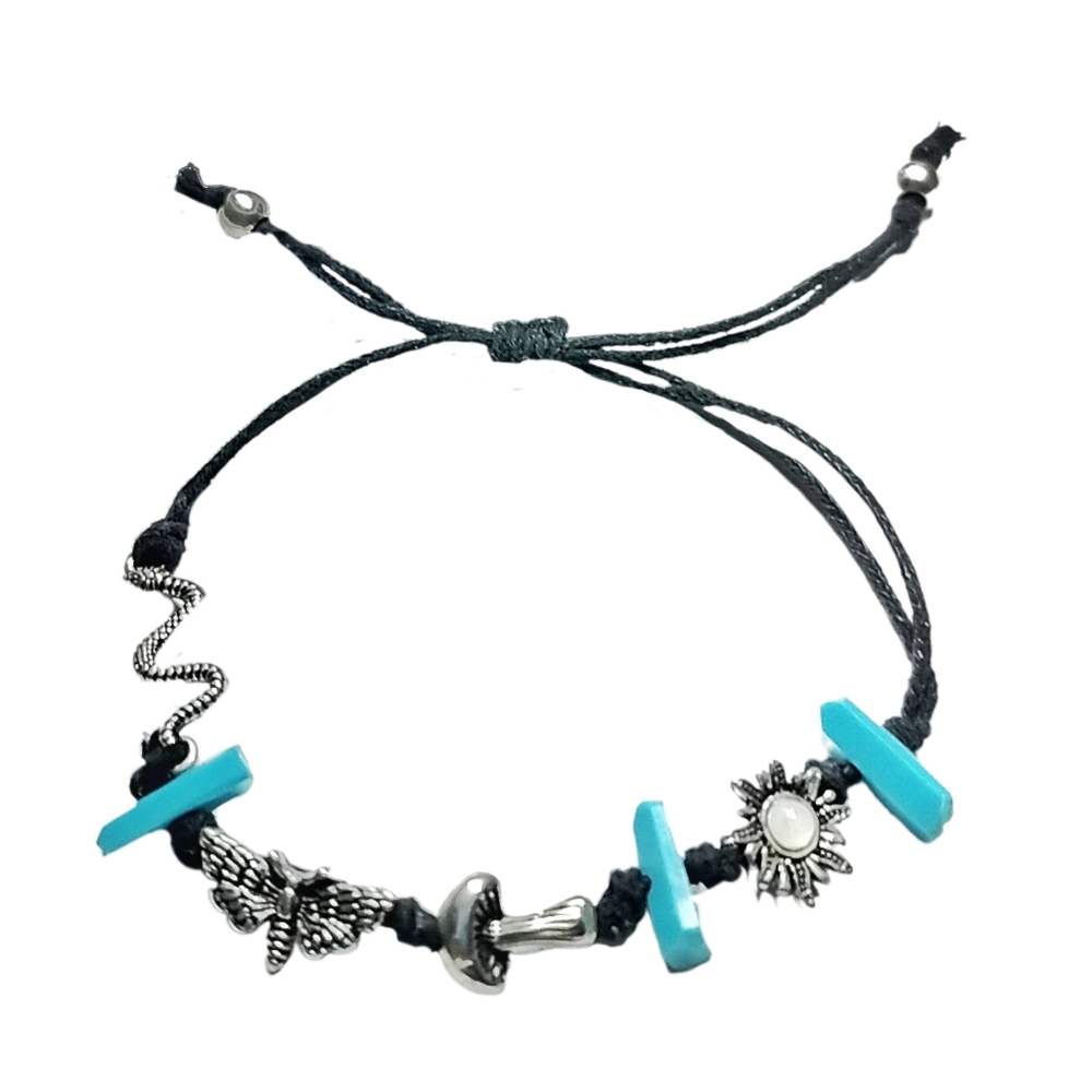 Blue Stone Adjustable Bracelet w/ Silver-Tone Accents & Black Cord